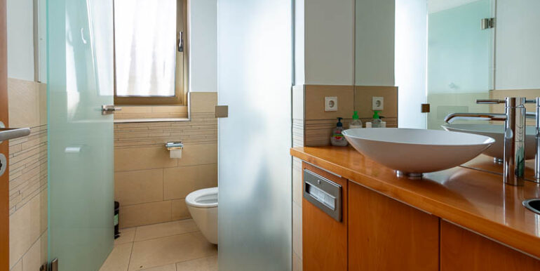 Warme Fliesen, Milchglas, Holz und Tageslicht: eine gelungene Symbiose für jedes elegante Büro-WC.