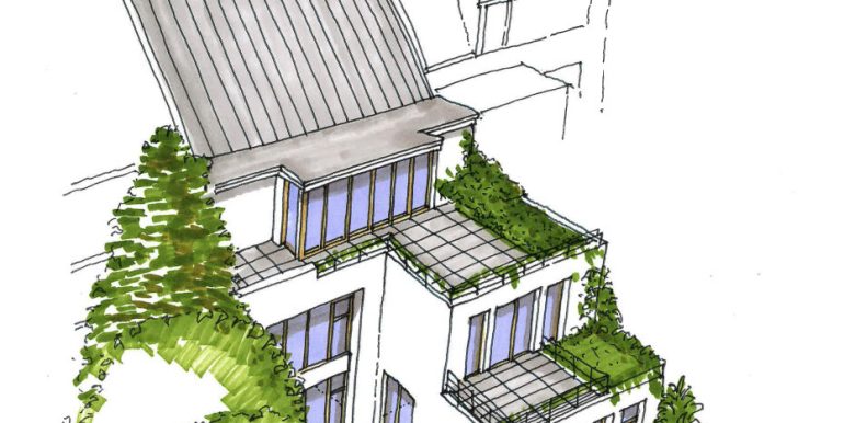 Perspektivskizze Gartenseite Haus D